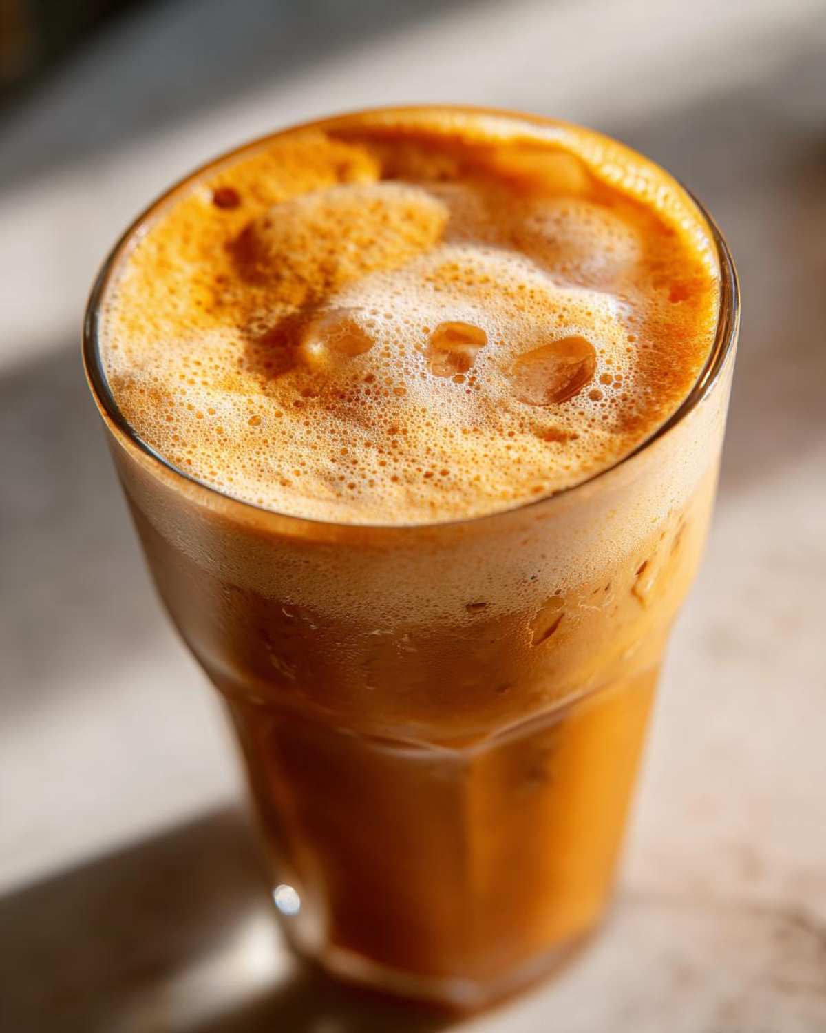 A refreshing pumpkin cream cold brew in a glass, topped with creamy foam and ice.