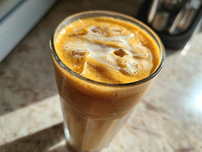 A refreshing pumpkin cream cold brew in a glass with ice, showcasing the creamy topping.