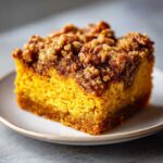 A delicious slice of pumpkin crunch cake with a crumbly topping, served on a white plate.