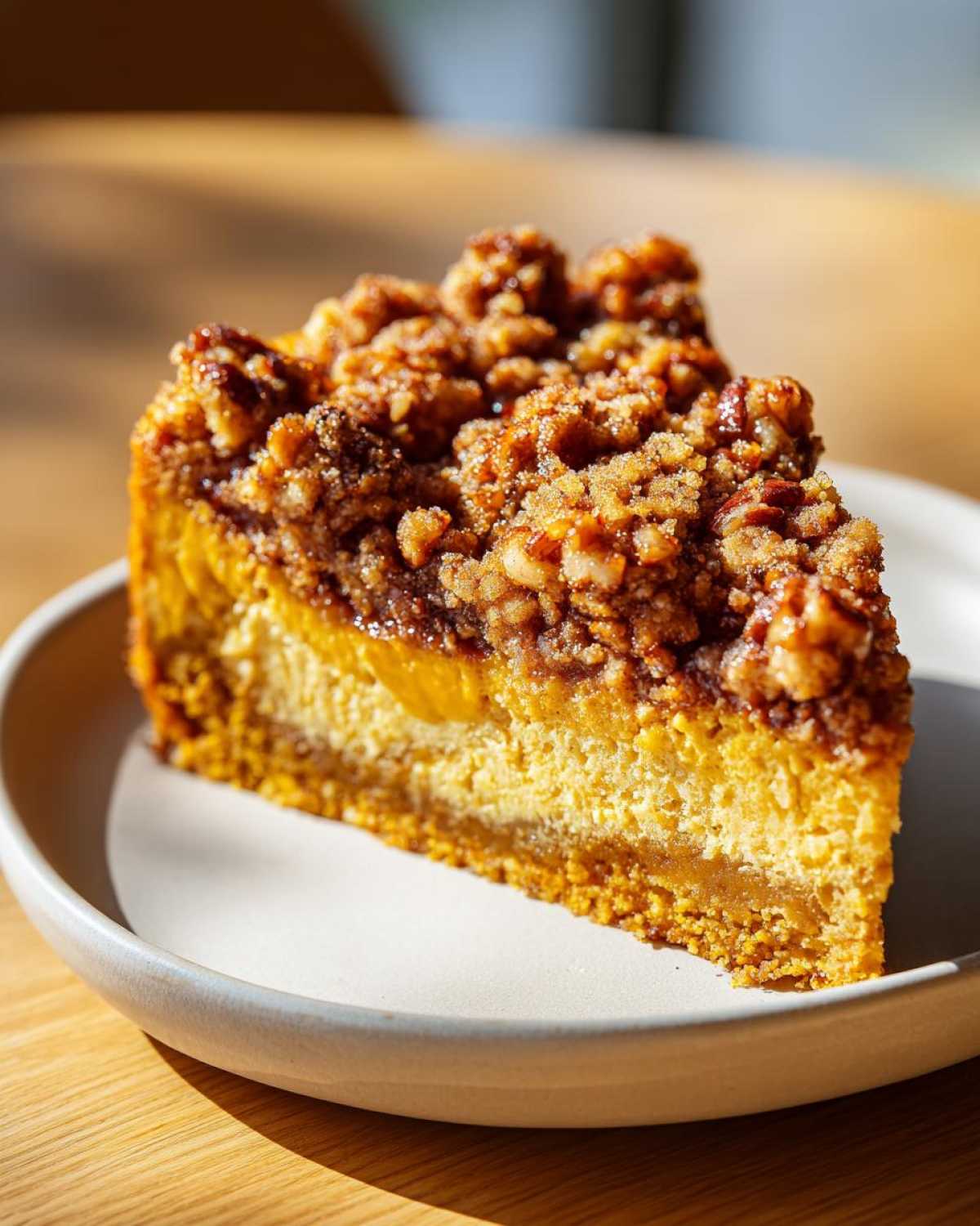 A delicious slice of pumpkin crunch cake with a crumbly topping on a white plate.