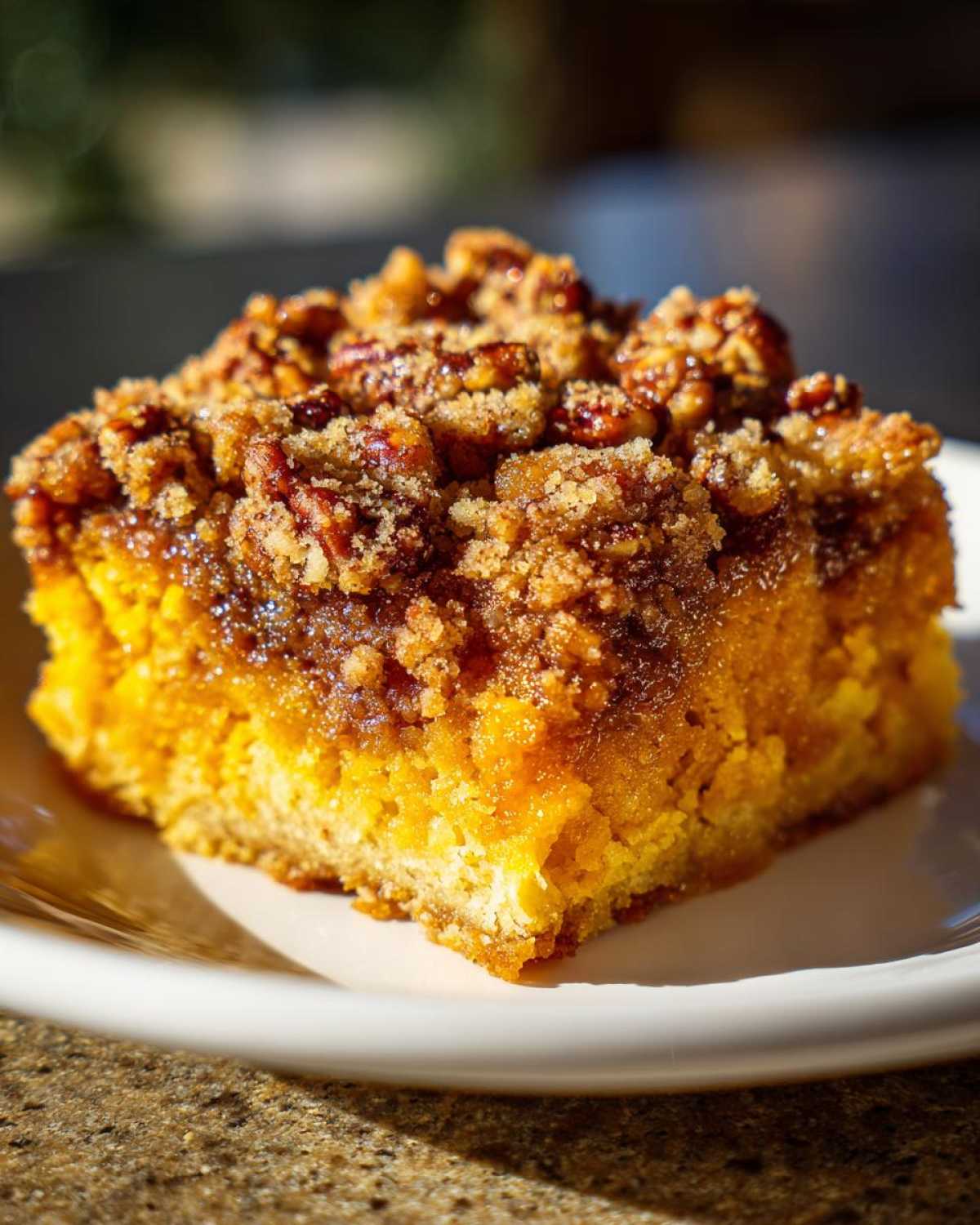 A single slice of pumpkin crunch cake with a pecan crumble topping, served on a white plate.