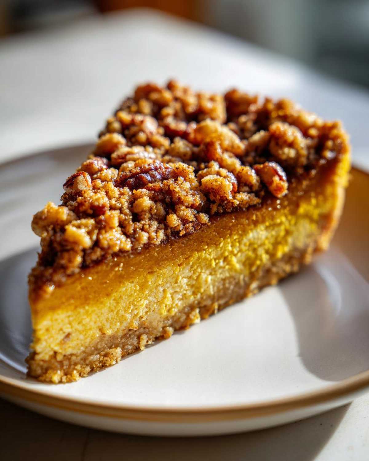A delicious slice of pumpkin crunch cake with a crumb topping on a plate.