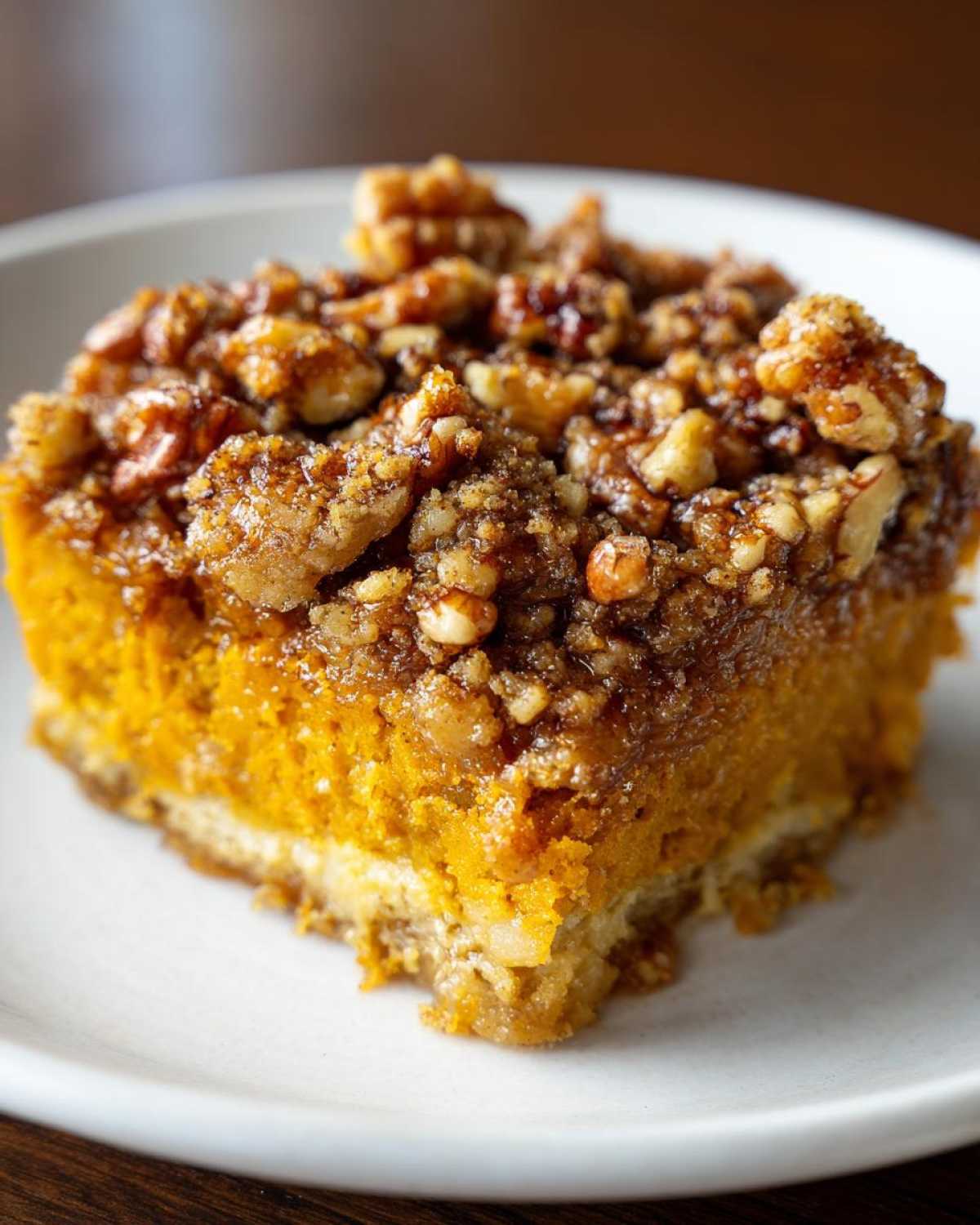 A close-up of a slice of pumpkin crunch cake with a walnut streusel topping on a white plate.