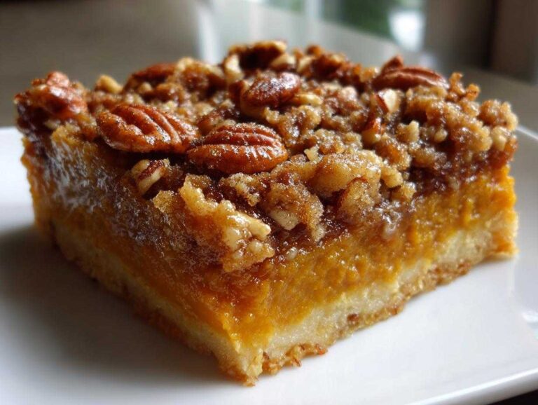 A delicious slice of pumpkin crunch cake topped with pecans and a crunchy streusel.