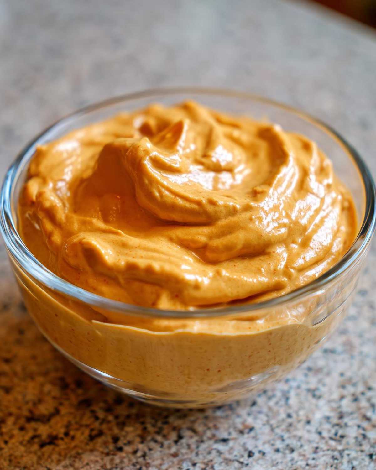 Close-up of a glass bowl filled with smooth, creamy pumpkin fluff.