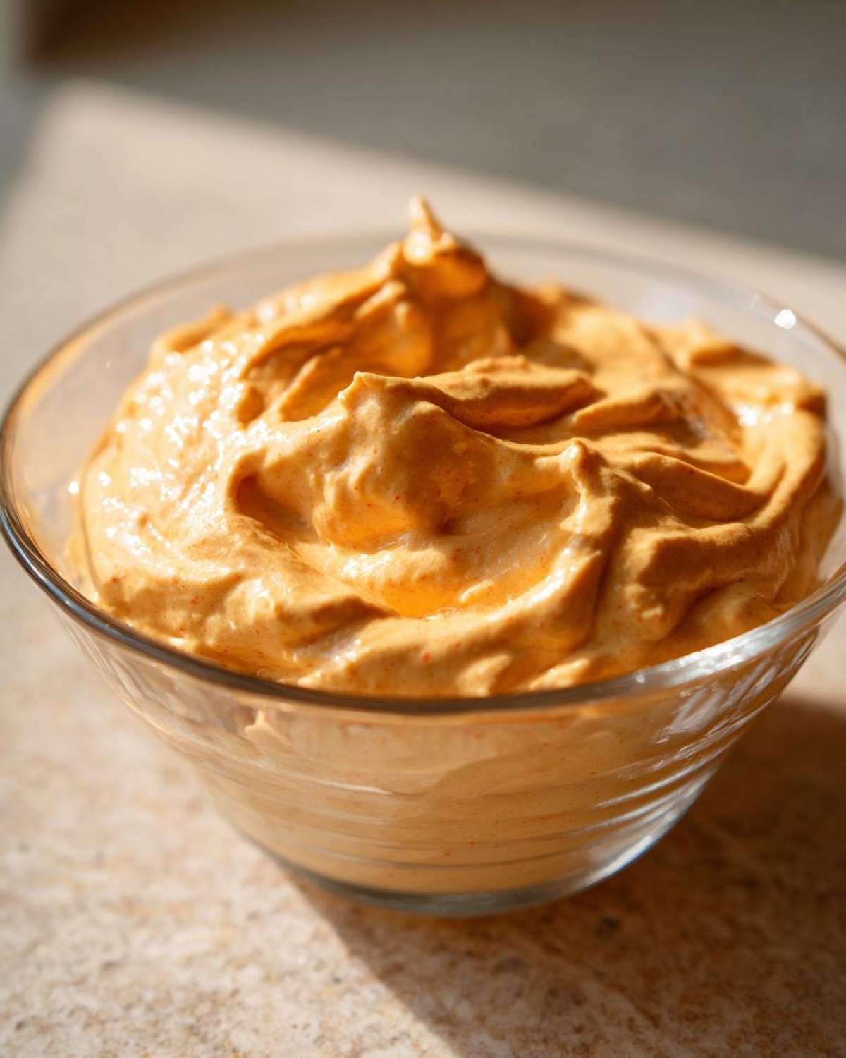 Close-up of a bowl filled with creamy, orange pumpkin fluff. Perfect for a quick dessert.
