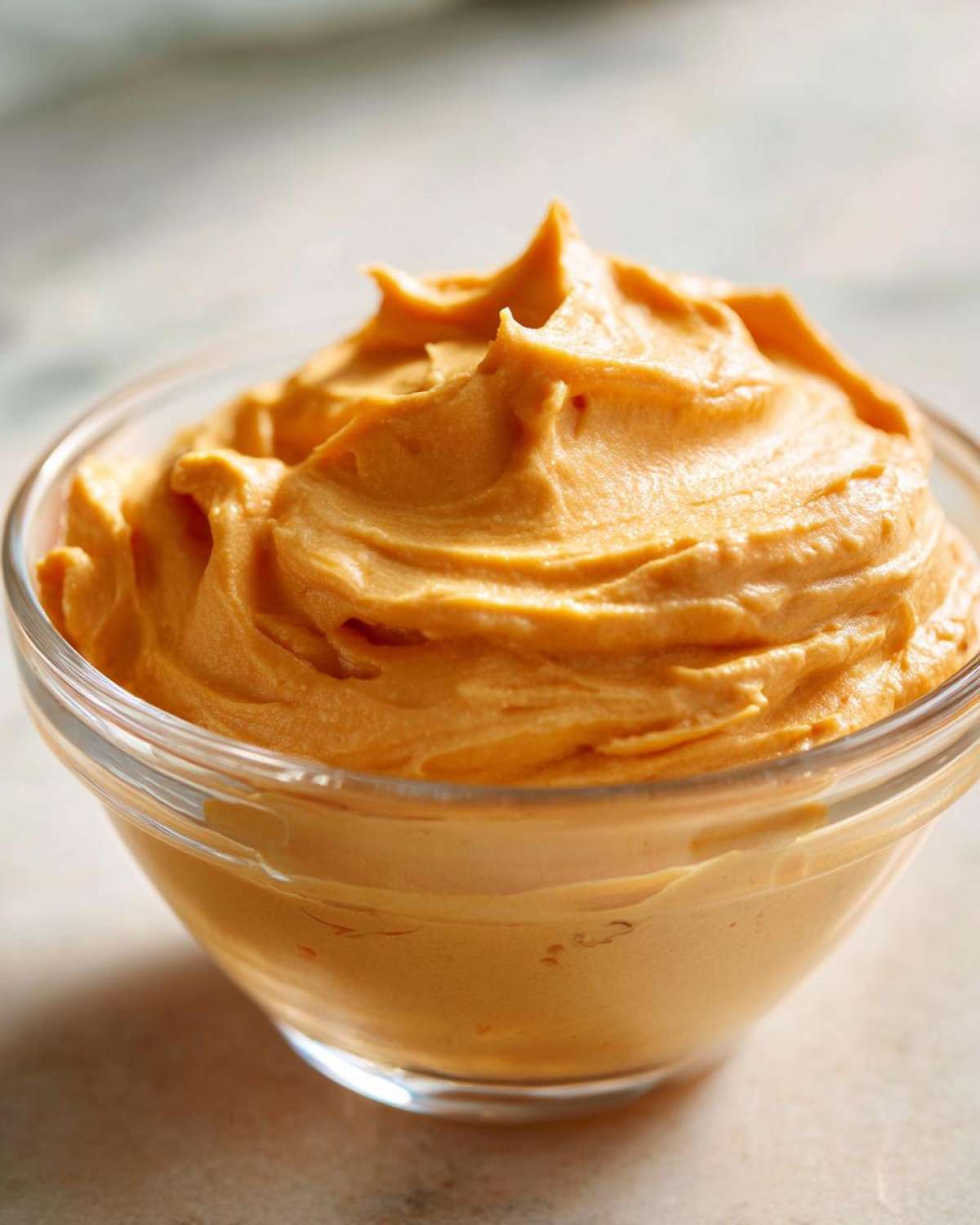 Close-up of a glass bowl filled with smooth, creamy pumpkin fluff. Perfect fall dessert.