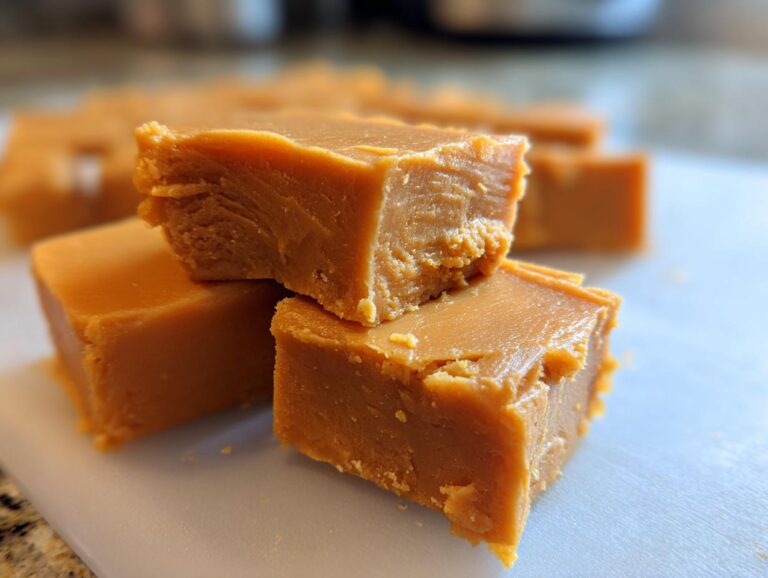 Close-up of stacked pieces of pumpkin fudge on a white cutting board, showcasing its smooth texture.
