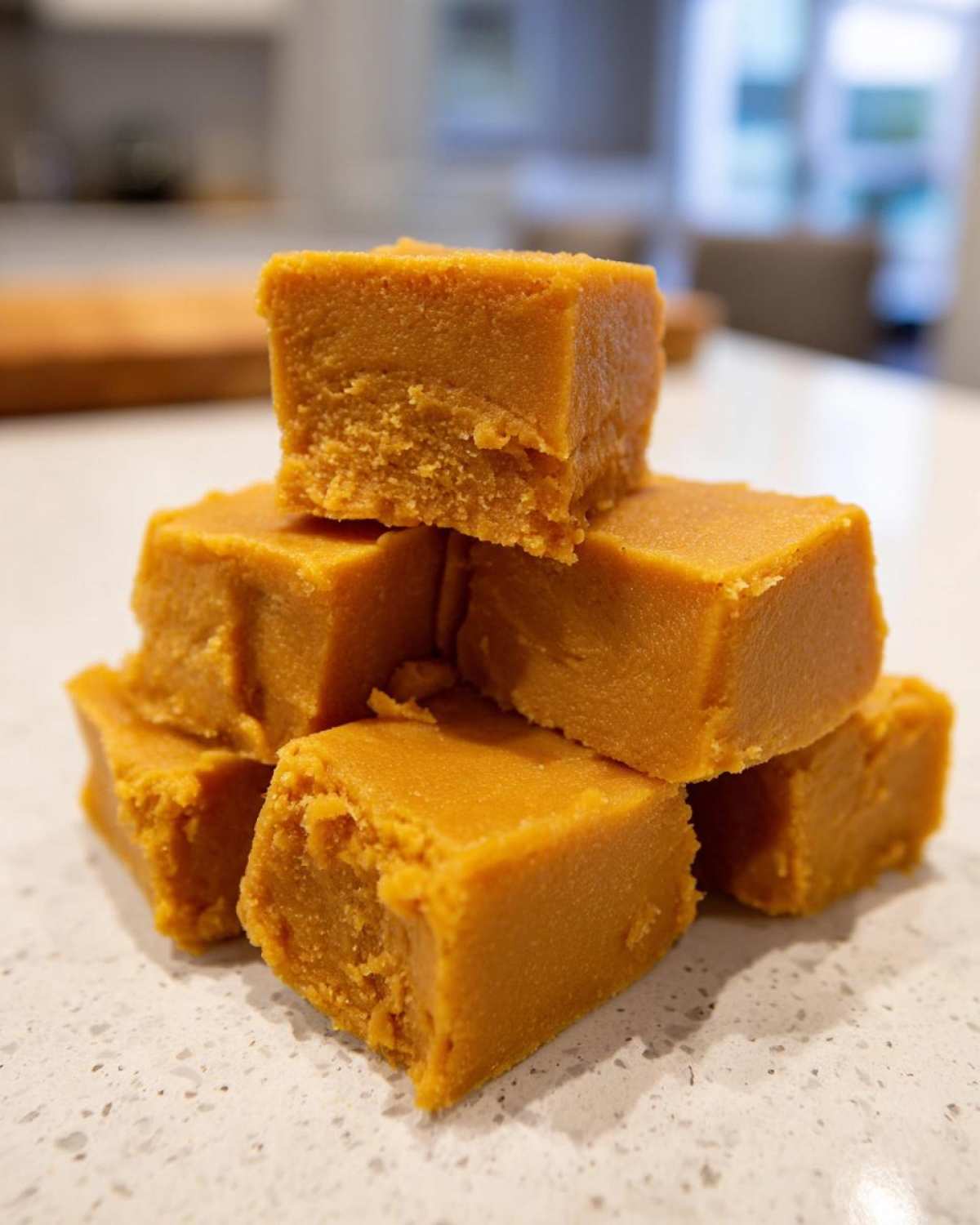 A stack of homemade pumpkin fudge squares on a white countertop, ready to eat.