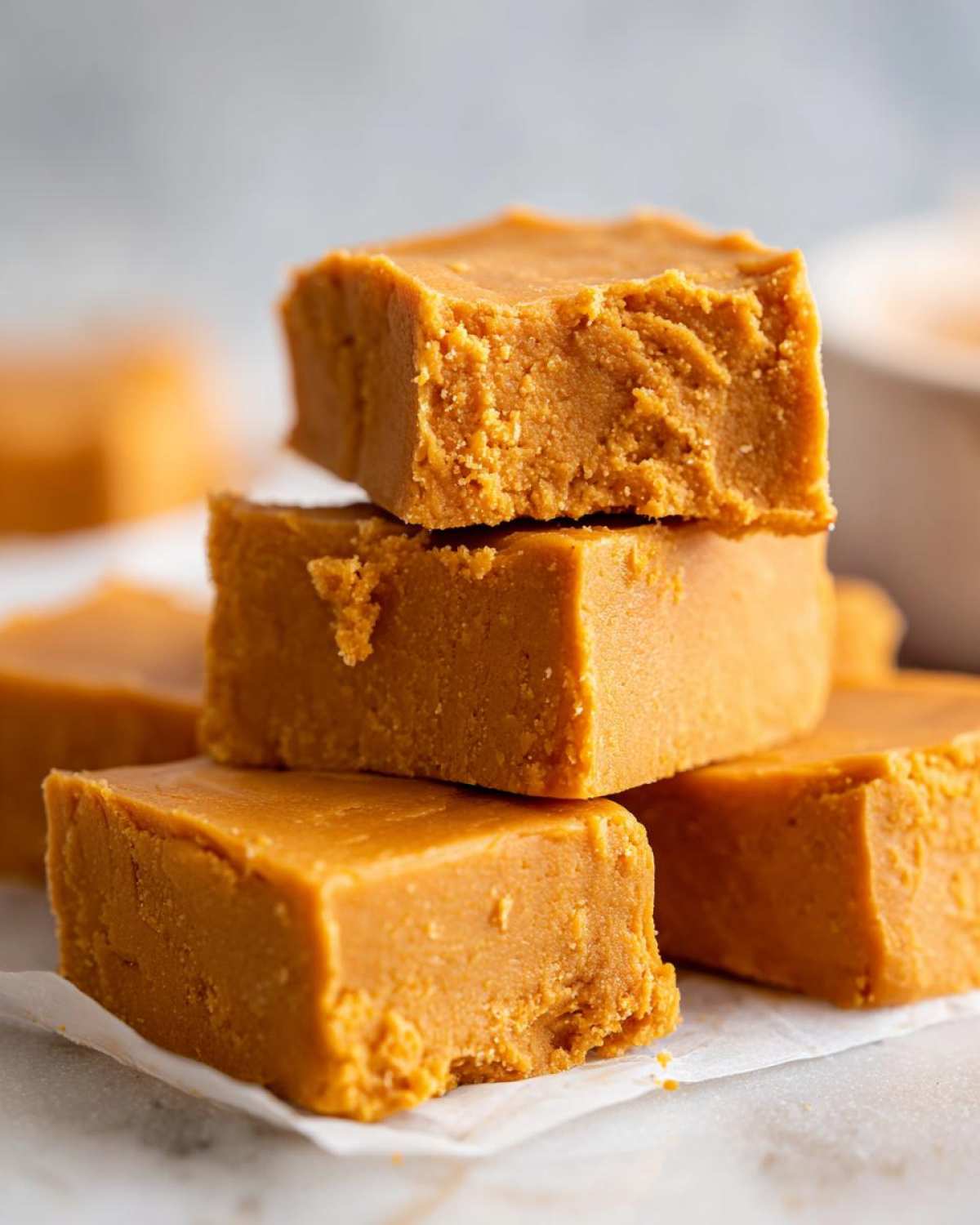 A stack of homemade pumpkin fudge squares on parchment paper, showcasing their rich color and texture.