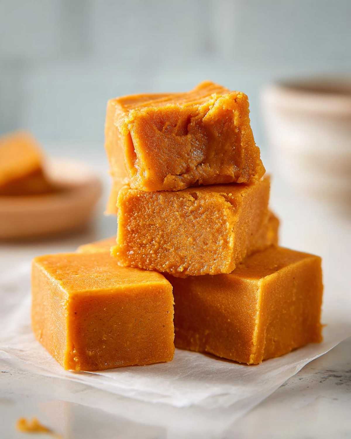 A stack of four homemade pumpkin fudge squares on parchment paper, showcasing their texture and vibrant color.