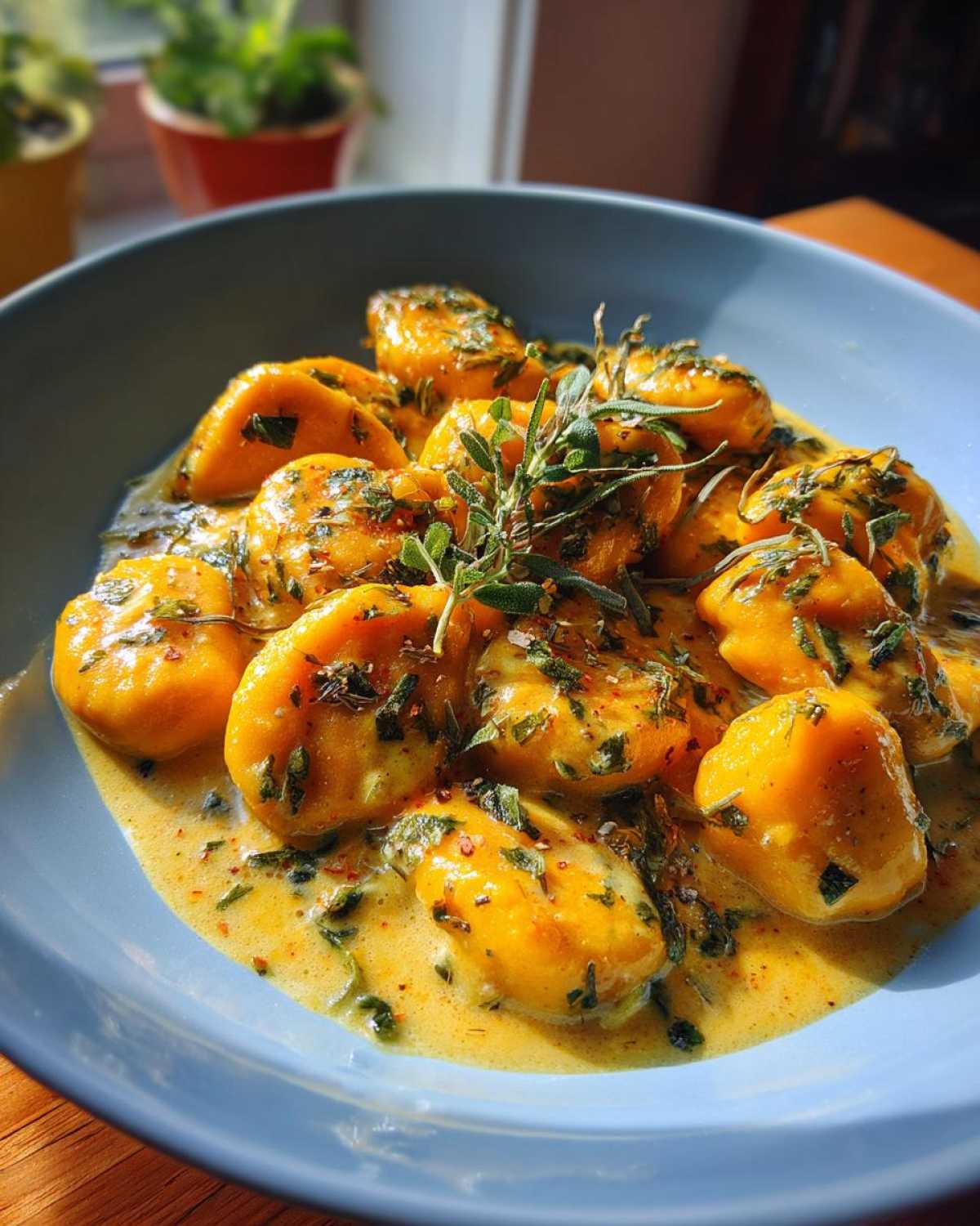 Close-up of pumpkin gnocchi in a creamy sauce, garnished with fresh herbs in a blue bowl.