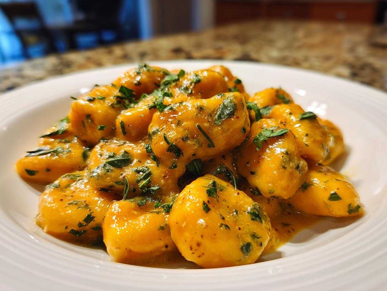 A serving of homemade pumpkin gnocchi, coated in sauce and garnished with fresh herbs, on a white plate.
