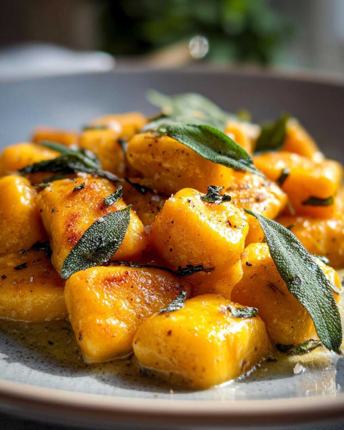 Close-up of pumpkin gnocchi with sage, showcasing the texture and vibrant color.