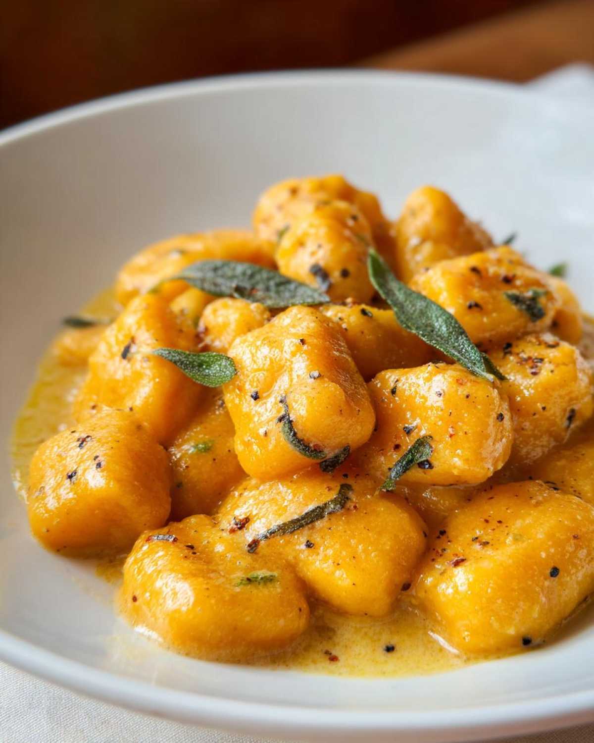 Close-up of pumpkin gnocchi in a creamy sauce, garnished with fresh sage leaves in a white bowl.