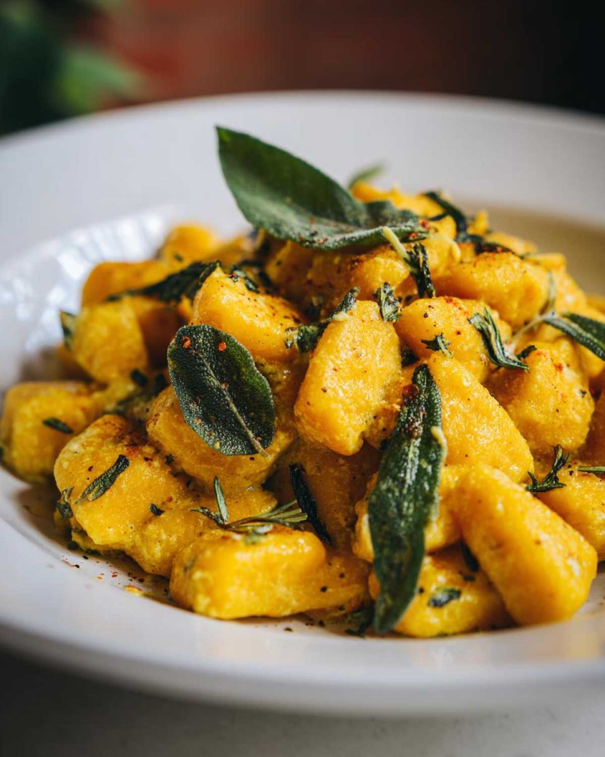 Close-up of pumpkin gnocchi on a white plate, garnished with fresh sage and herbs.