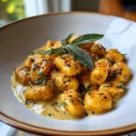 Close-up of pumpkin gnocchi in a creamy sauce, garnished with fresh sage and herbs.
