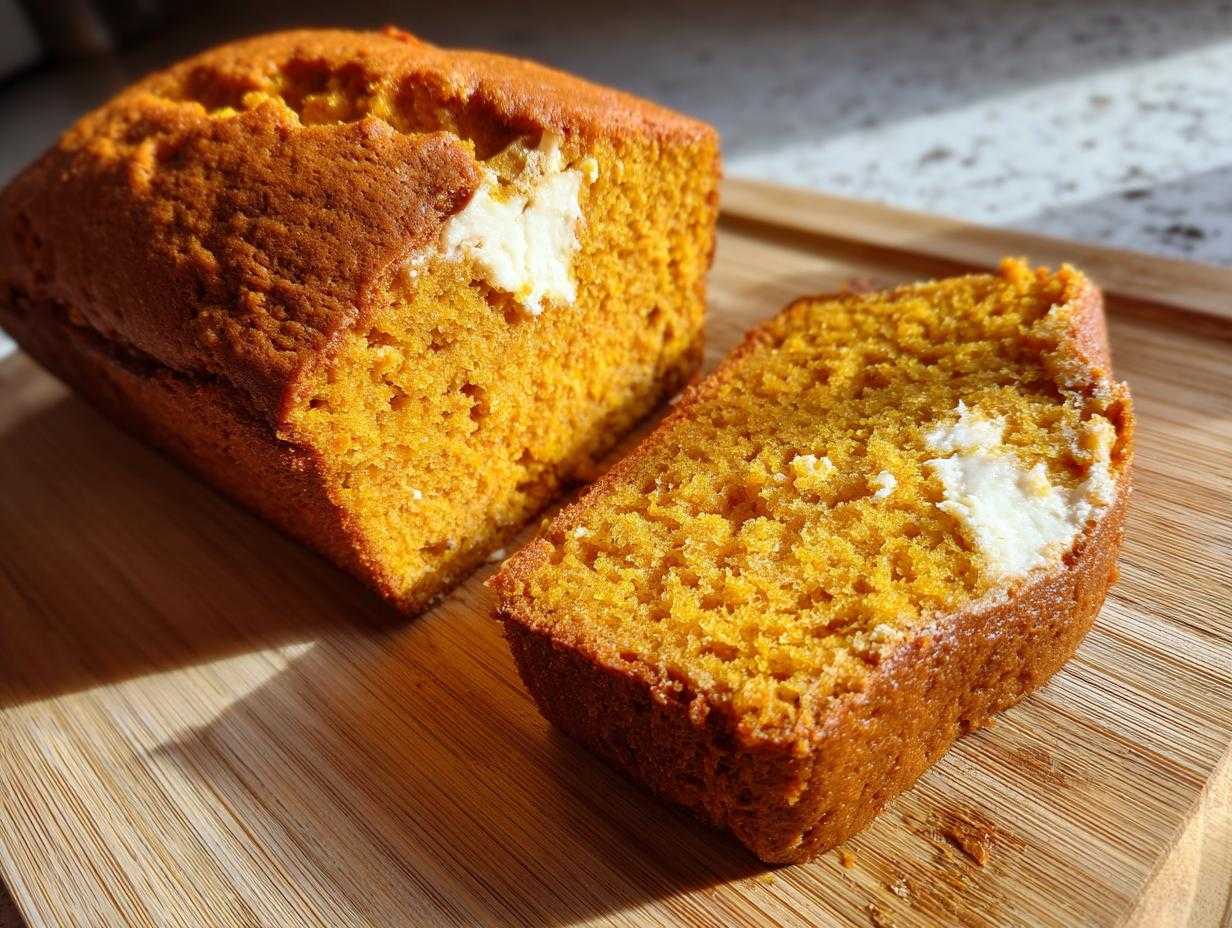 A delicious pumpkin loaf with a cream cheese filling, sliced on a wooden board, ready to eat.