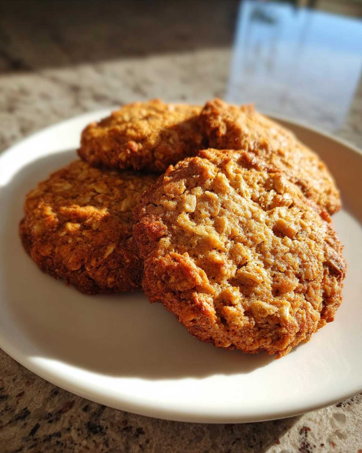 Three pumpkin oatmeal cookies stacked on a white plate, showcasing their texture and golden-brown color.
