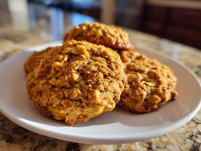 A plate of freshly baked pumpkin oatmeal cookies, golden brown and ready to enjoy.