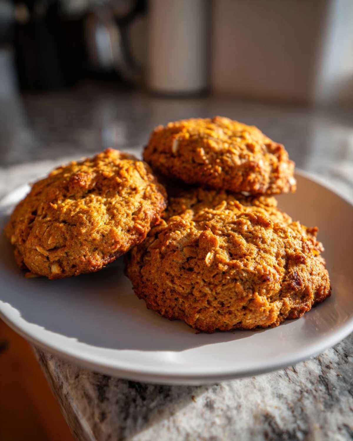 Three freshly baked pumpkin oatmeal cookies stacked on a plate, ready to be enjoyed.