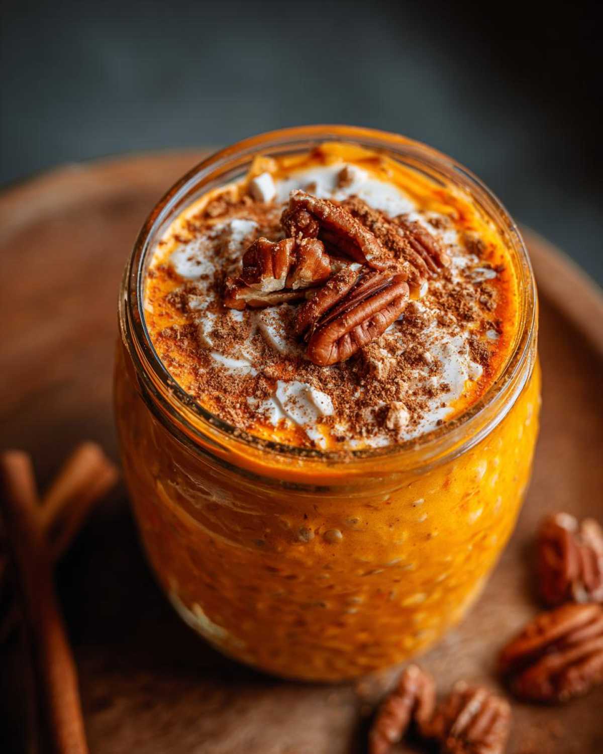 A glass jar filled with pumpkin overnight oats, topped with whipped cream, cinnamon, and pecan halves.