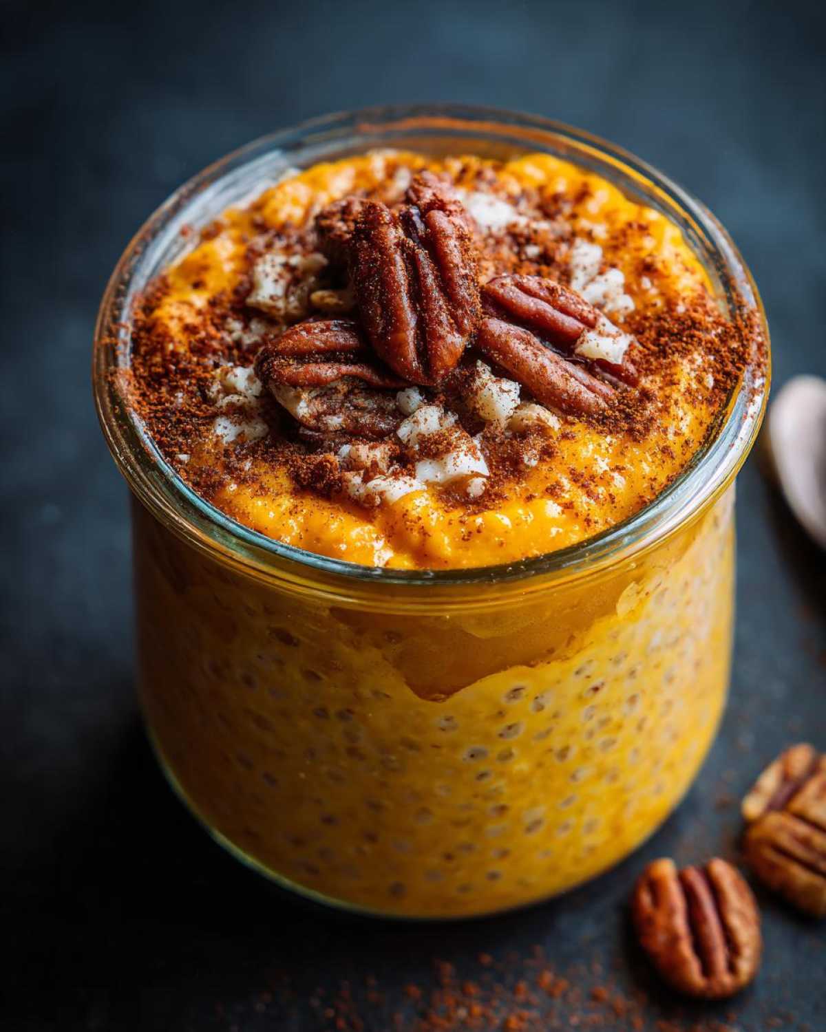 A jar of pumpkin overnight oats topped with pecans and cinnamon. Ready to eat pumpkin overnight oats.