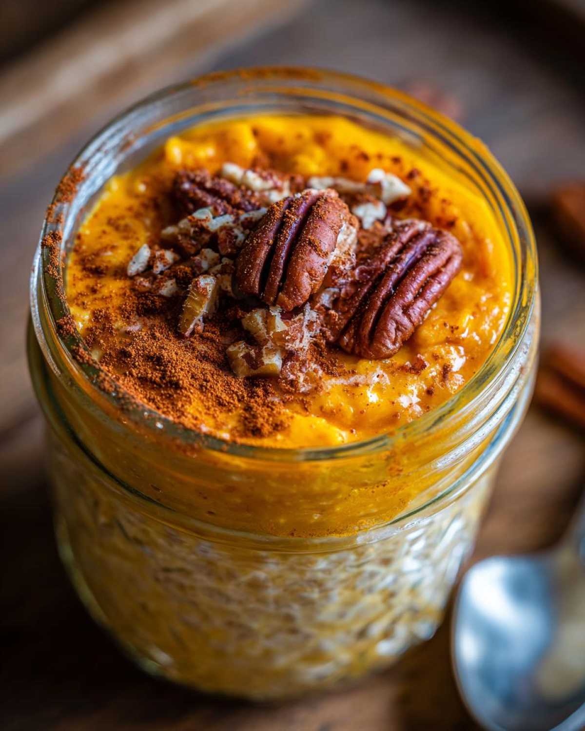 A jar of pumpkin overnight oats topped with pecans and cinnamon. Ready to eat pumpkin overnight oats.