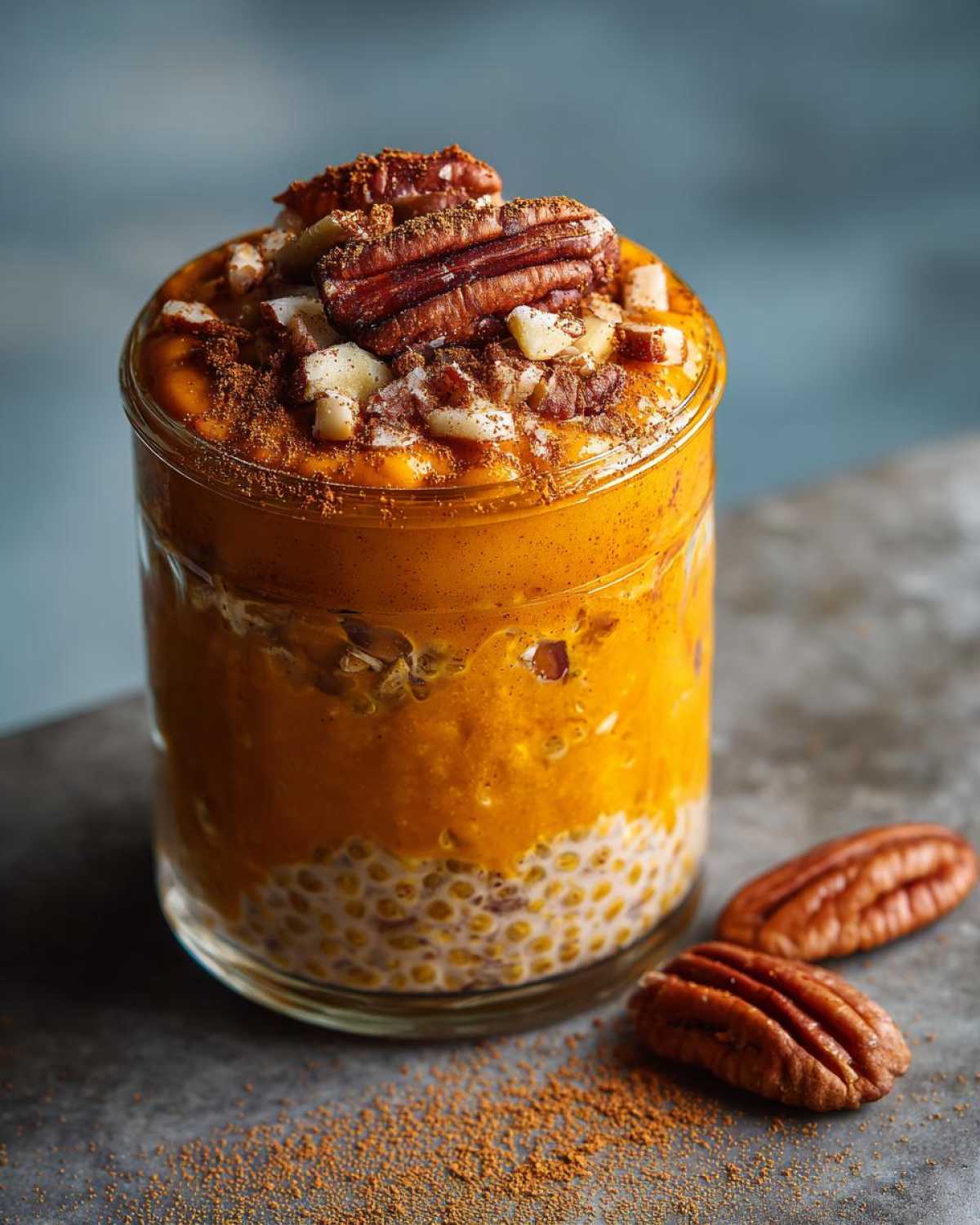 Jar of pumpkin overnight oats topped with pecans and cinnamon. A healthy and delicious breakfast or snack.