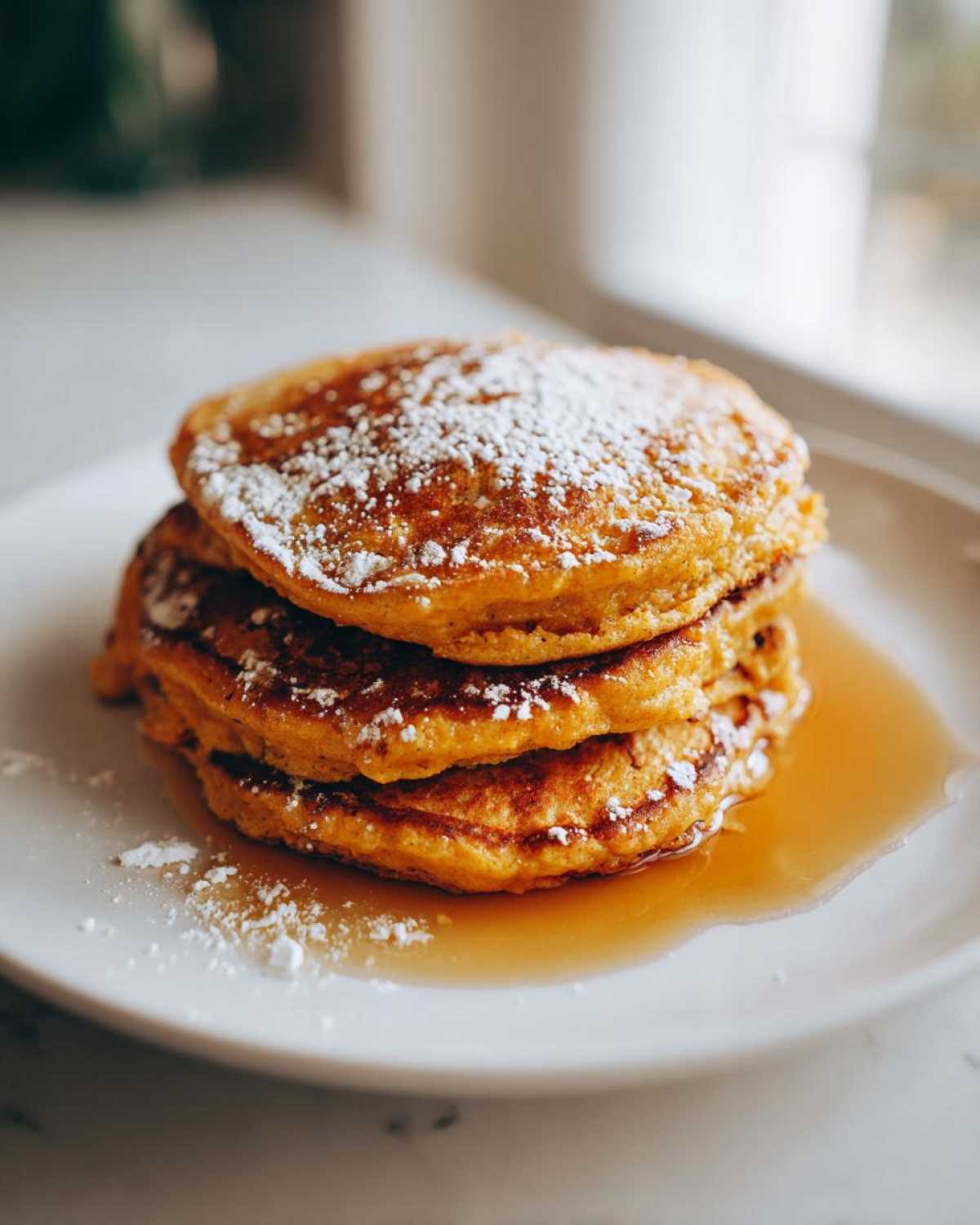 A stack of three pumpkin pancakes, dusted with powdered sugar and drizzled with syrup.