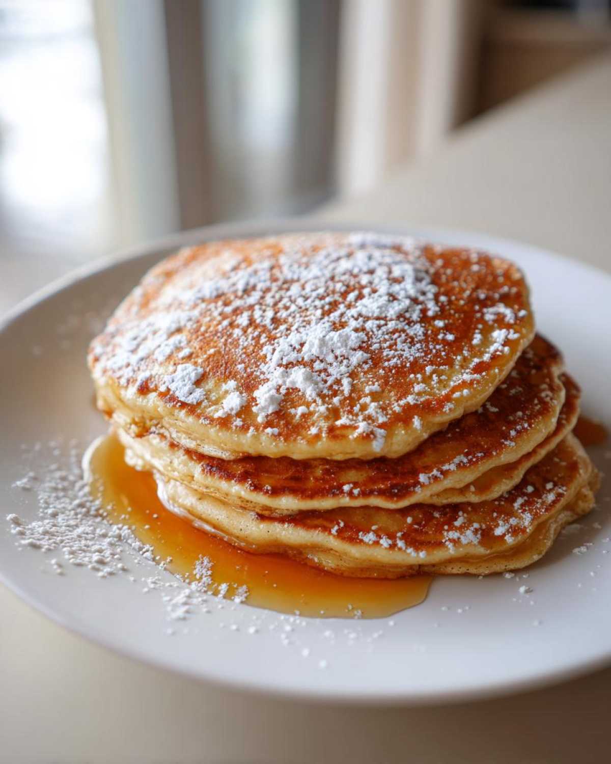 A stack of pumpkin pancakes topped with powdered sugar and syrup on a white plate.