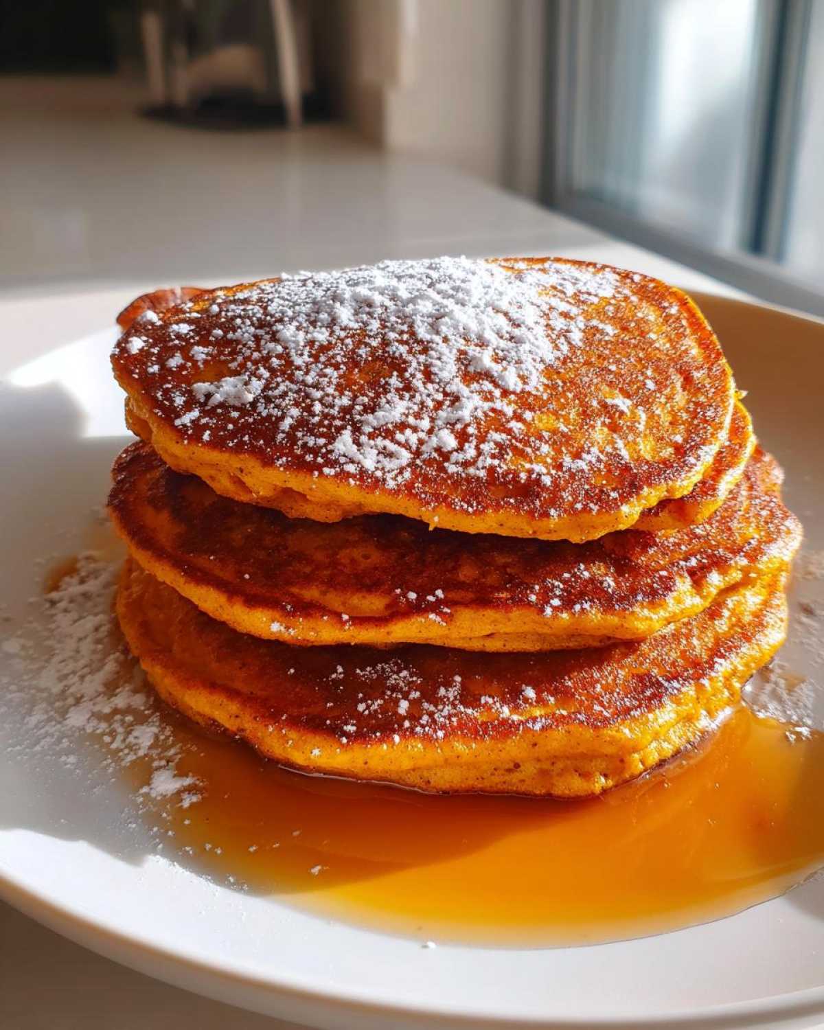 A stack of three pumpkin pancakes, topped with powdered sugar and syrup, on a white plate.