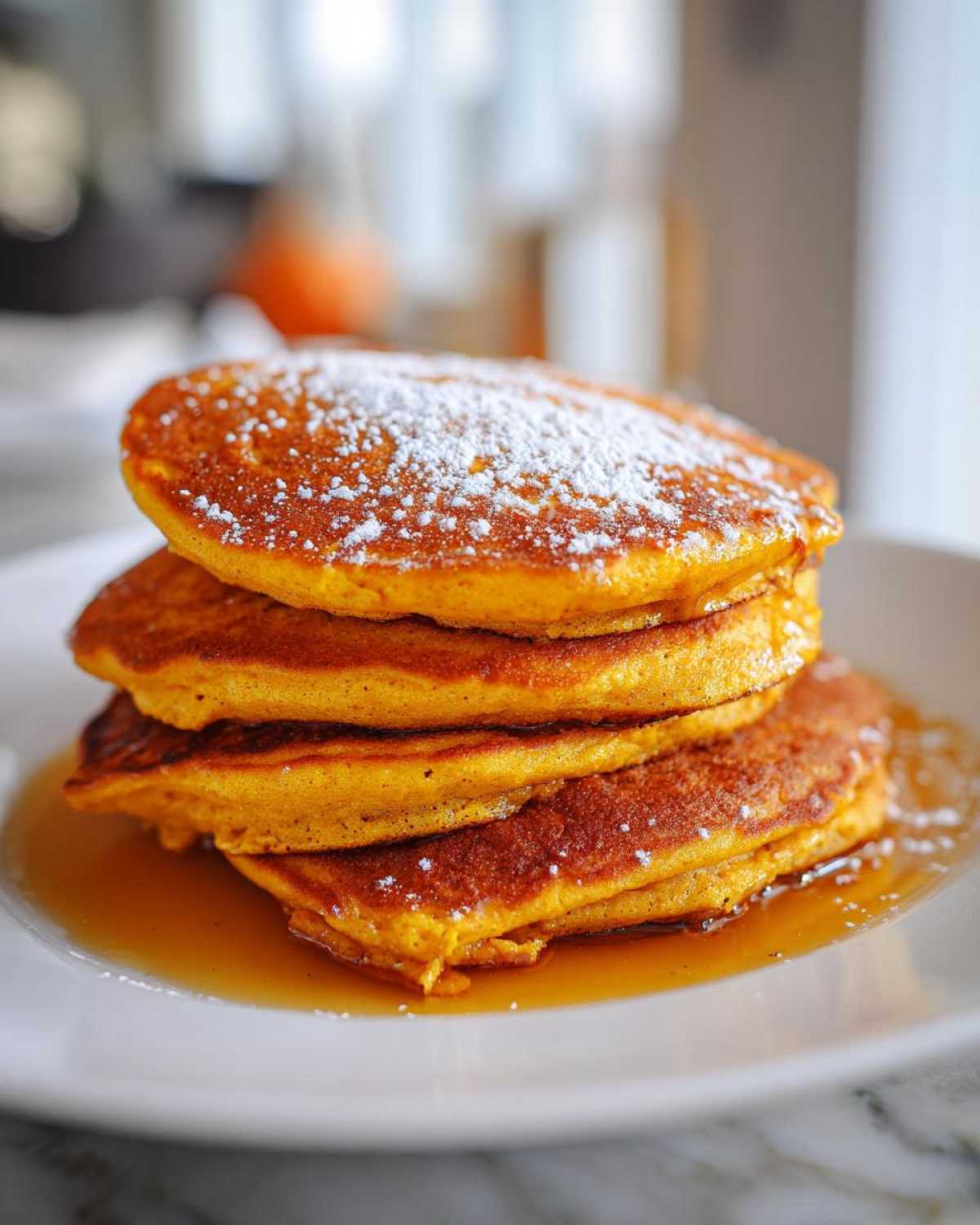 A stack of four pumpkin pancakes topped with powdered sugar and syrup on a white plate.