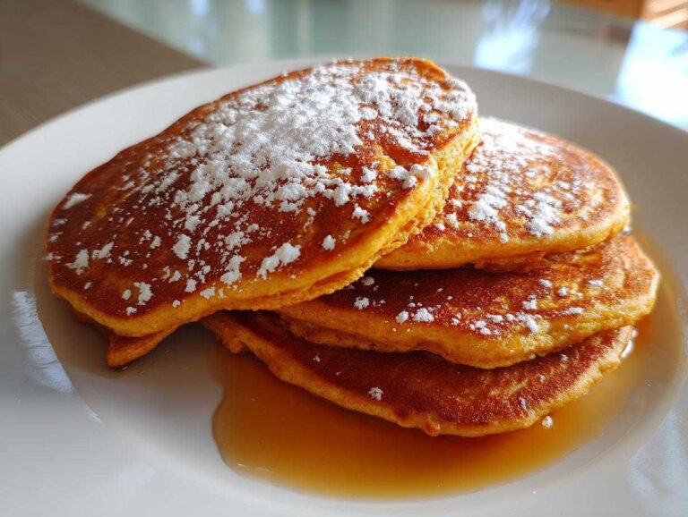 A stack of pumpkin pancakes topped with powdered sugar and drizzled with syrup on a white plate.