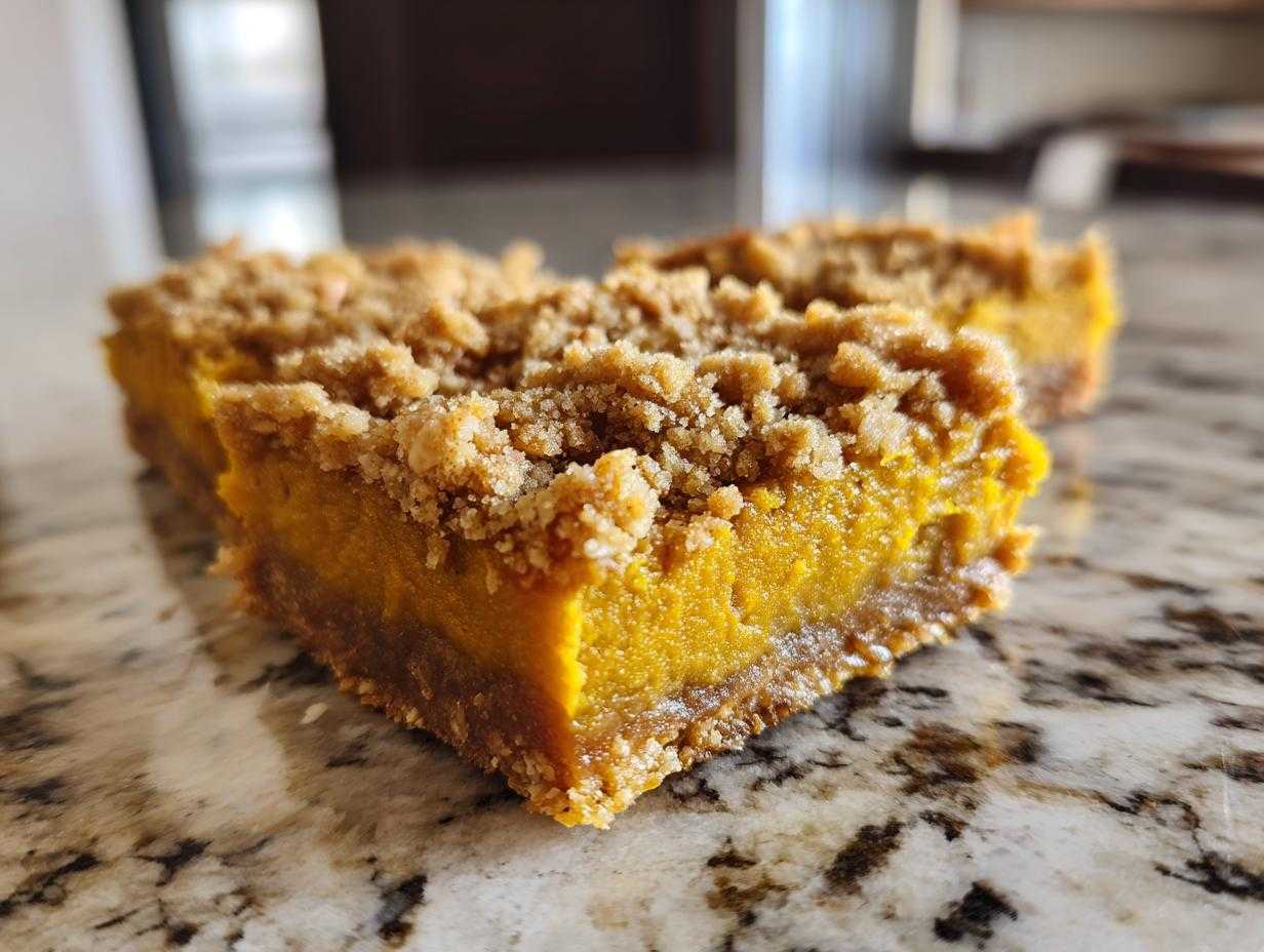 Close-up of two pumpkin pie bars with a crumble topping, showcasing the layers and texture.