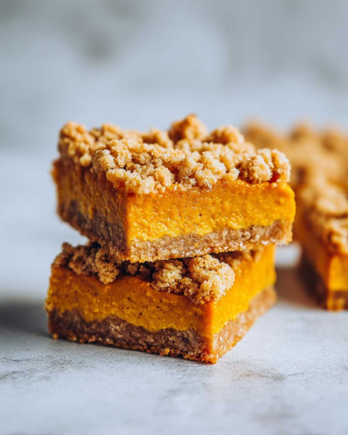Two pumpkin pie bars stacked on top of each other, featuring a crumble topping and visible layers.