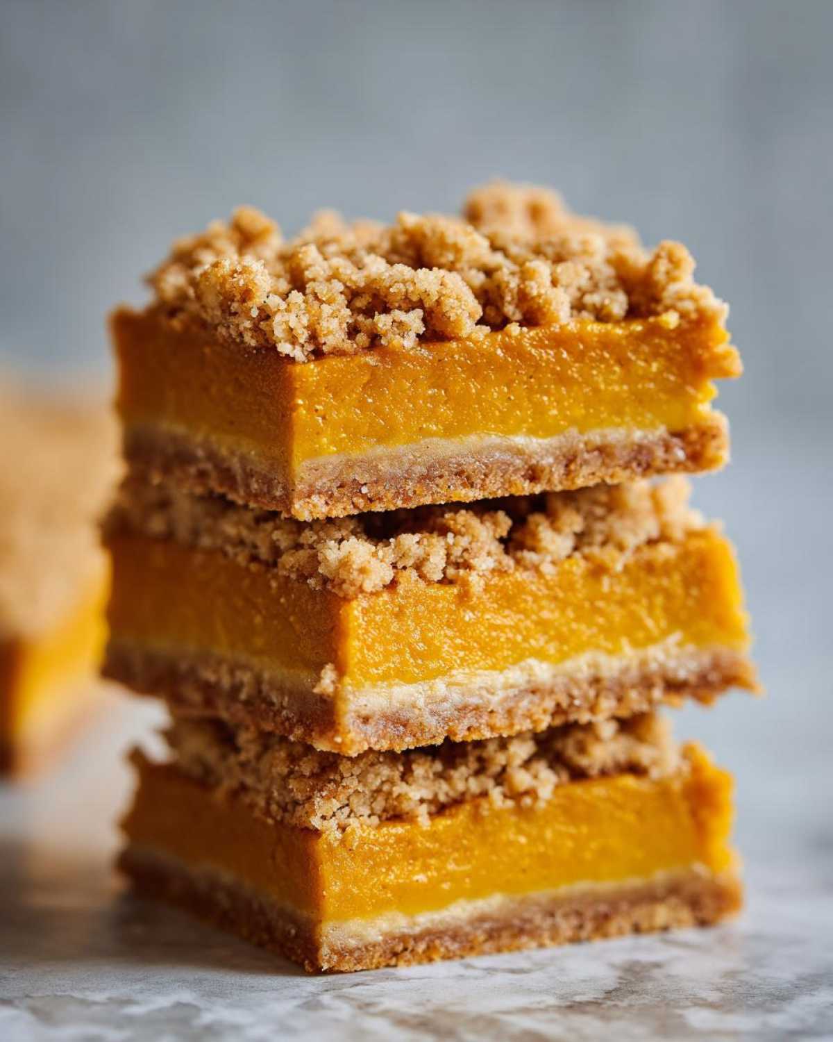 A stack of three pumpkin pie bars featuring a crumble topping and a visible crust layer.