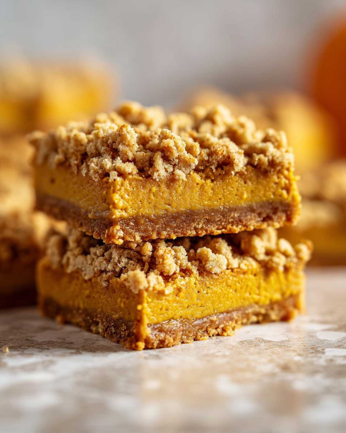 A stack of two pumpkin pie bars with a crumble topping, showcasing the layers of crust, pumpkin filling, and crumble.