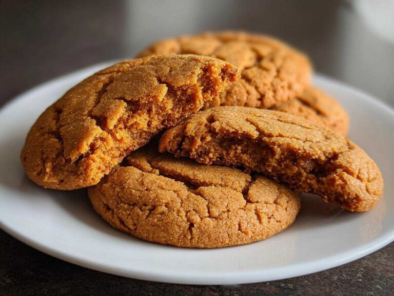 A plate of homemade pumpkin pie cookies, one broken in half to show the soft inside.