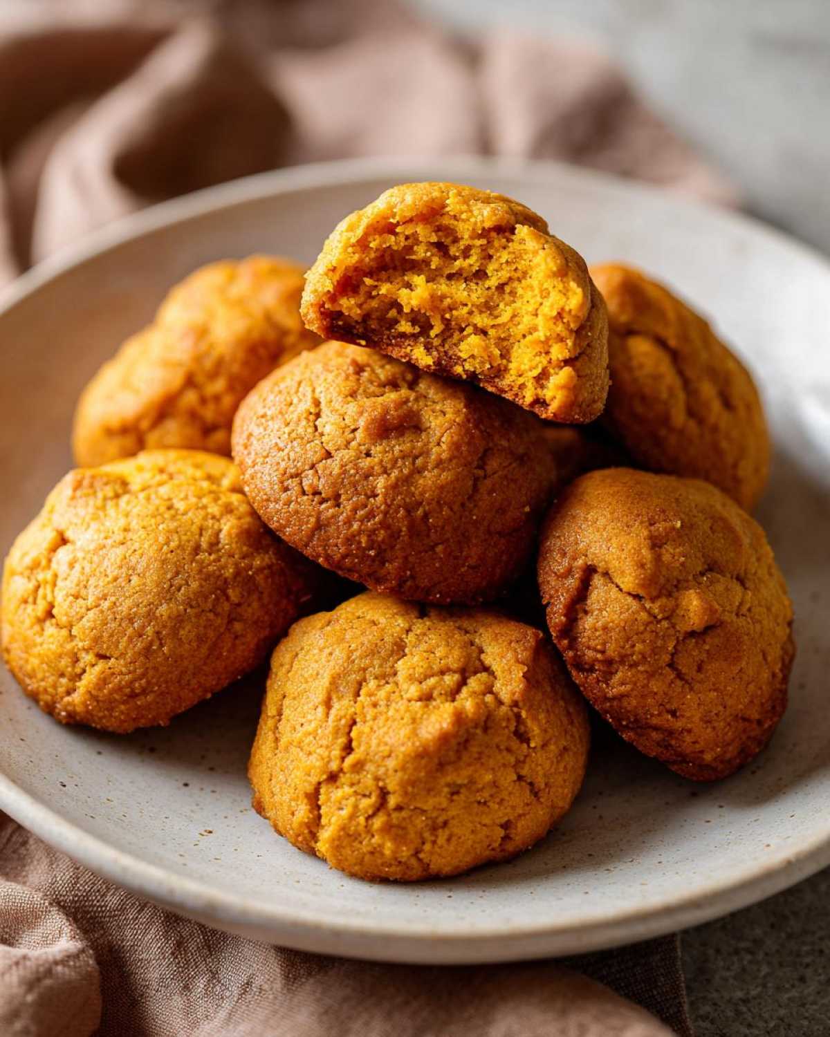 A stack of soft pumpkin pie cookies on a plate, with one cookie broken in half to show the moist interior.
