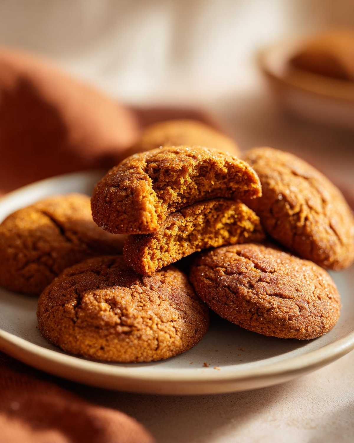 A plate of freshly baked pumpkin pie cookies, one broken in half to show the soft interior.