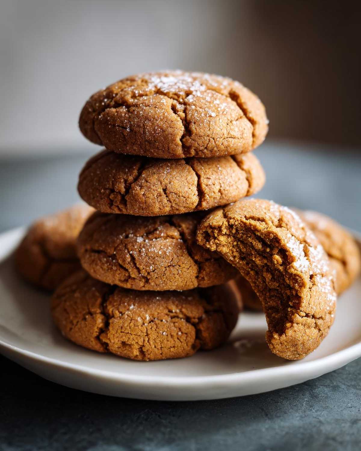 A stack of pumpkin pie cookies on a white plate, one with a bite taken out, dusted with sugar.