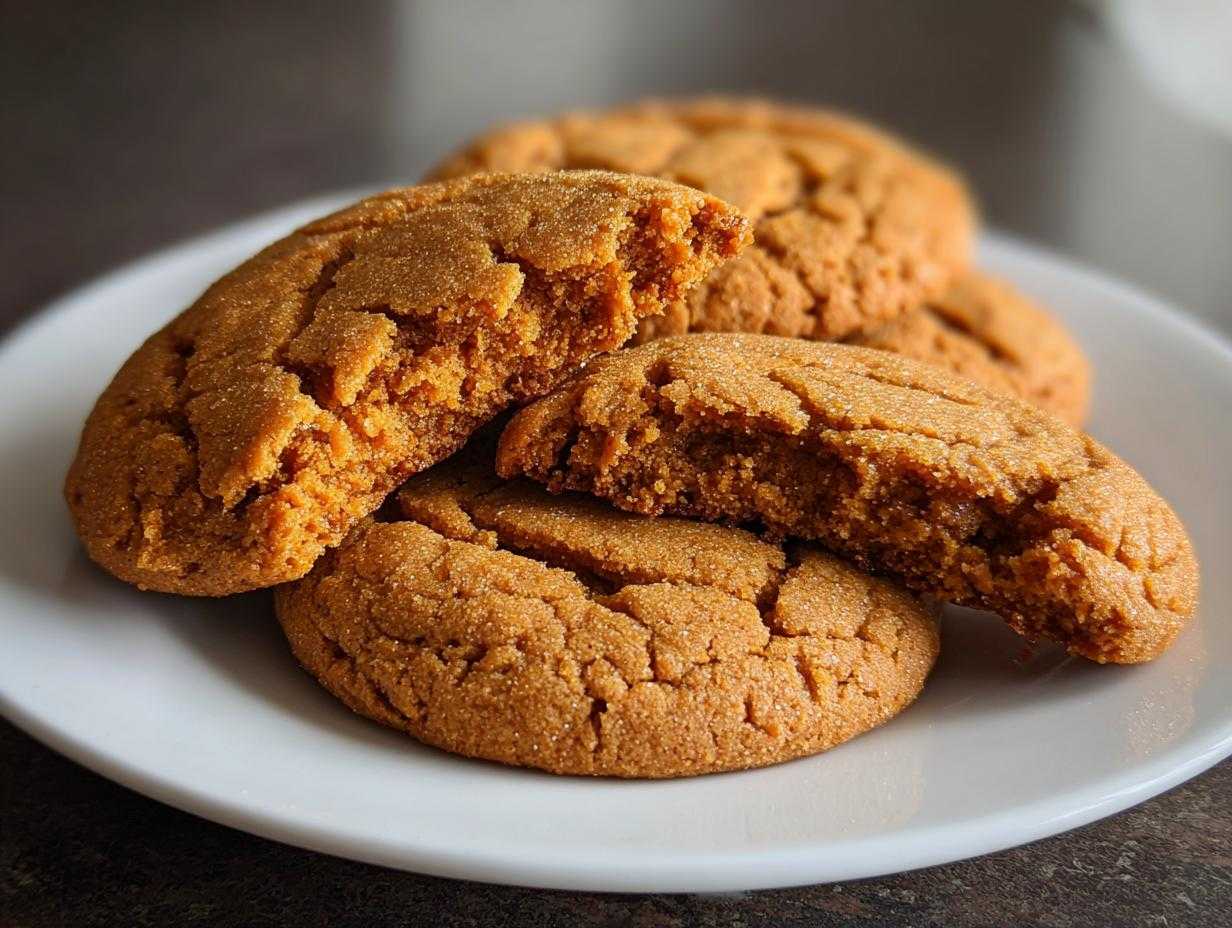 A plate of homemade pumpkin pie cookies, one broken in half to show the soft inside.