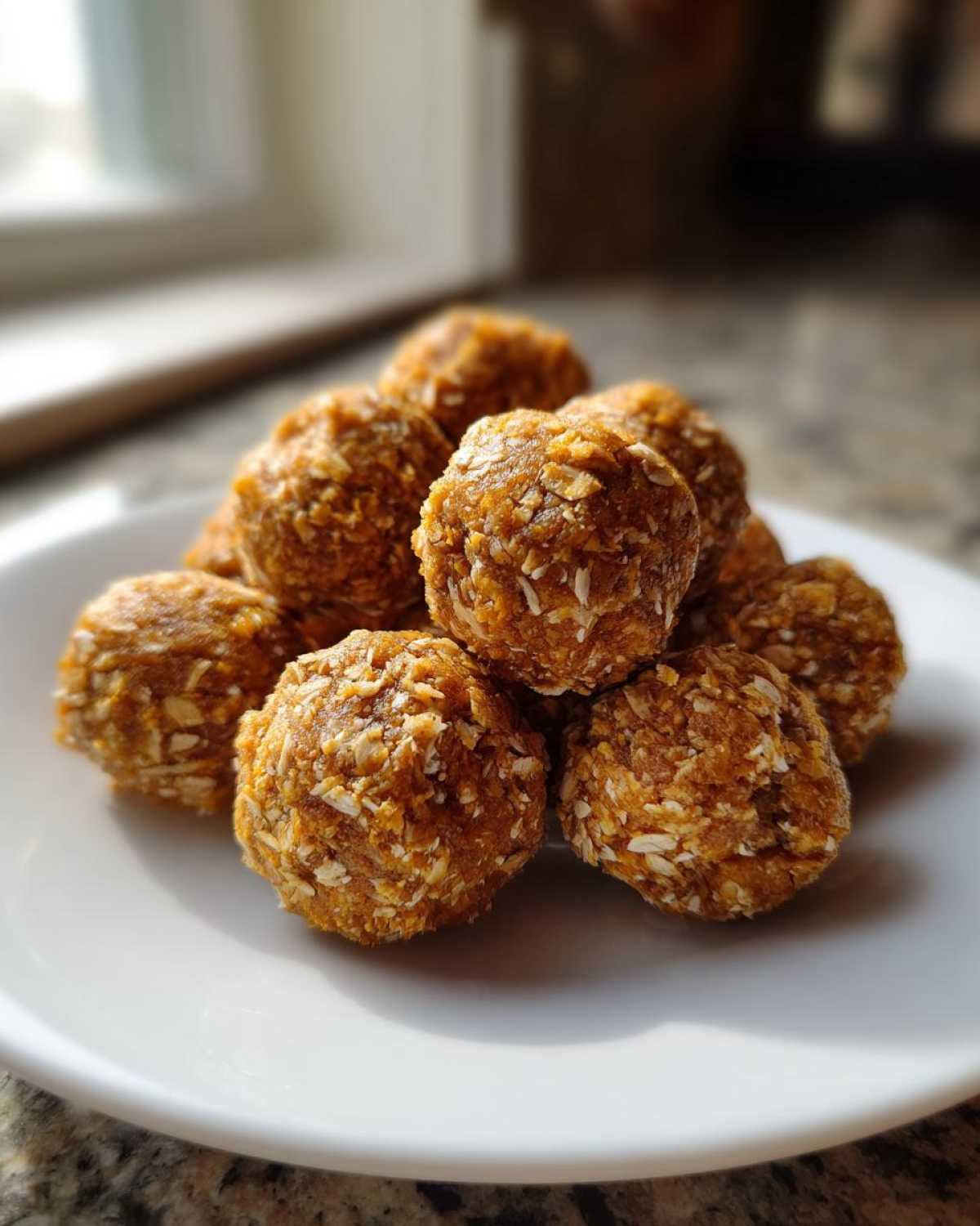 A pile of homemade pumpkin protein balls coated with coconut flakes on a white plate.
