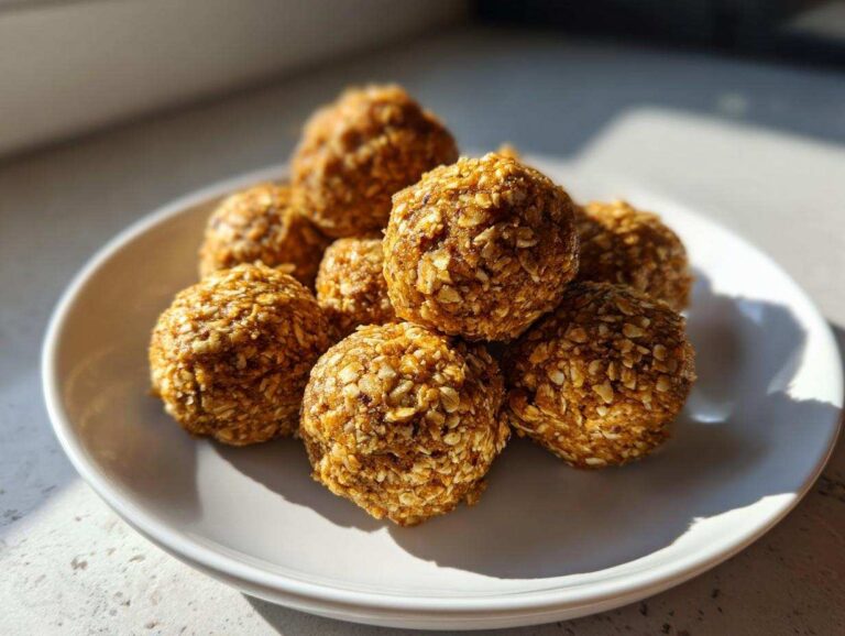 A plate of homemade pumpkin protein balls, showcasing their texture and inviting appearance. Perfect for a quick snack.