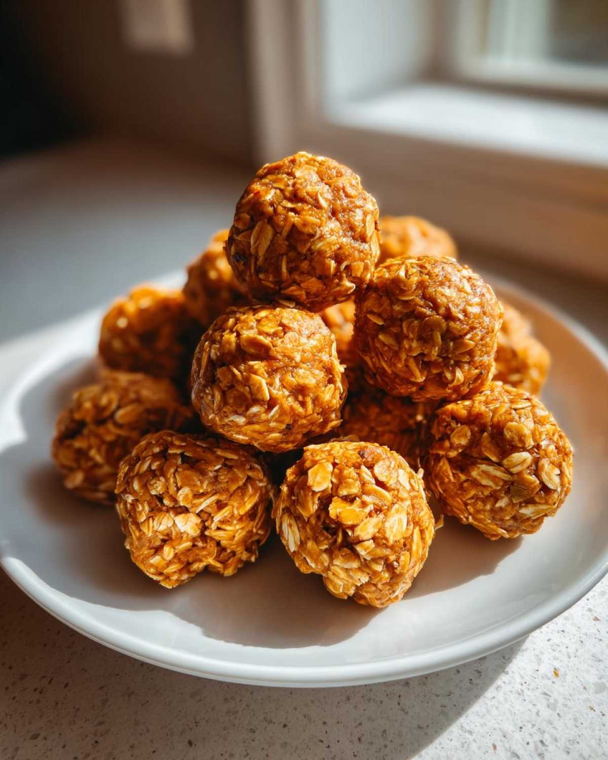 A stack of homemade pumpkin protein balls on a white plate, showcasing their texture and color.