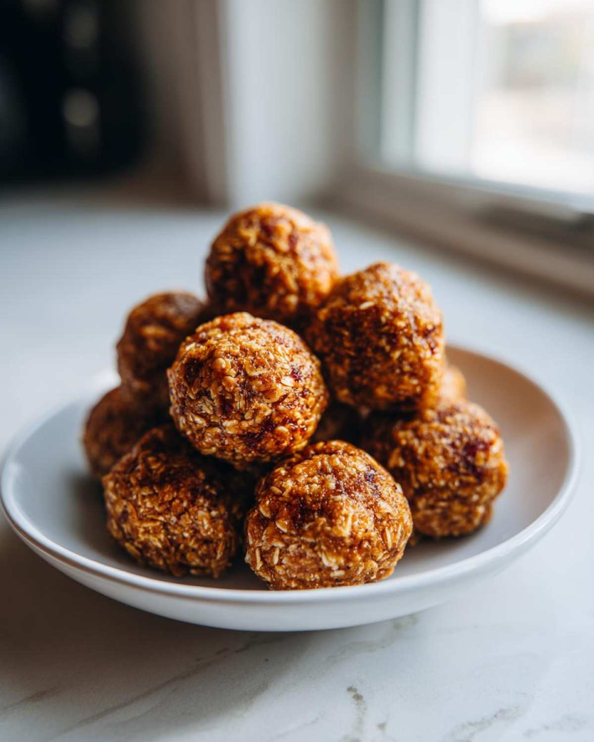 A stack of homemade pumpkin protein balls on a white plate, ready to eat.