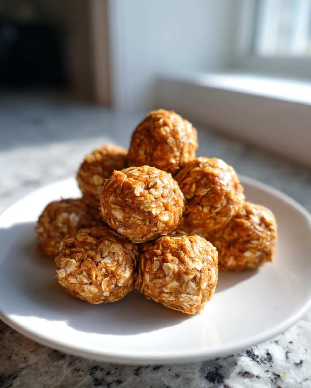 A stack of homemade pumpkin protein balls on a white plate, ready to eat.