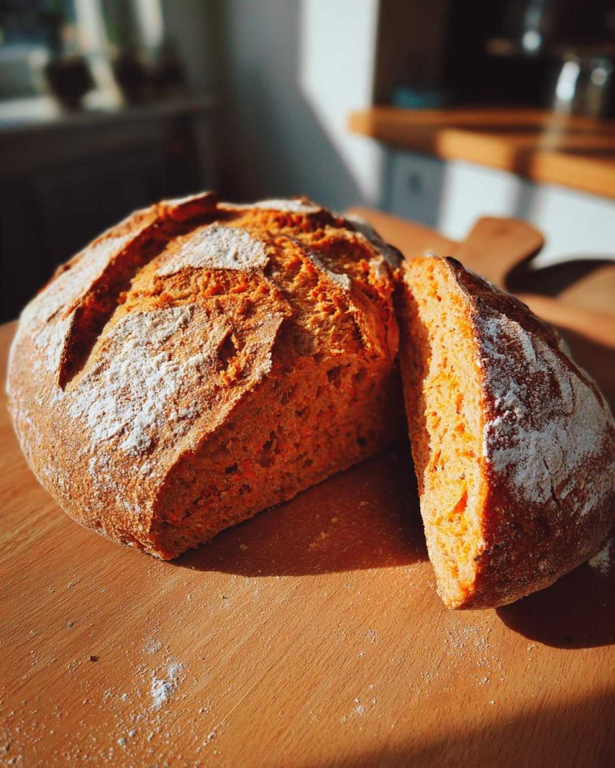 A loaf of pumpkin sourdough bread, partially sliced, sits on a wooden board dusted with flour.