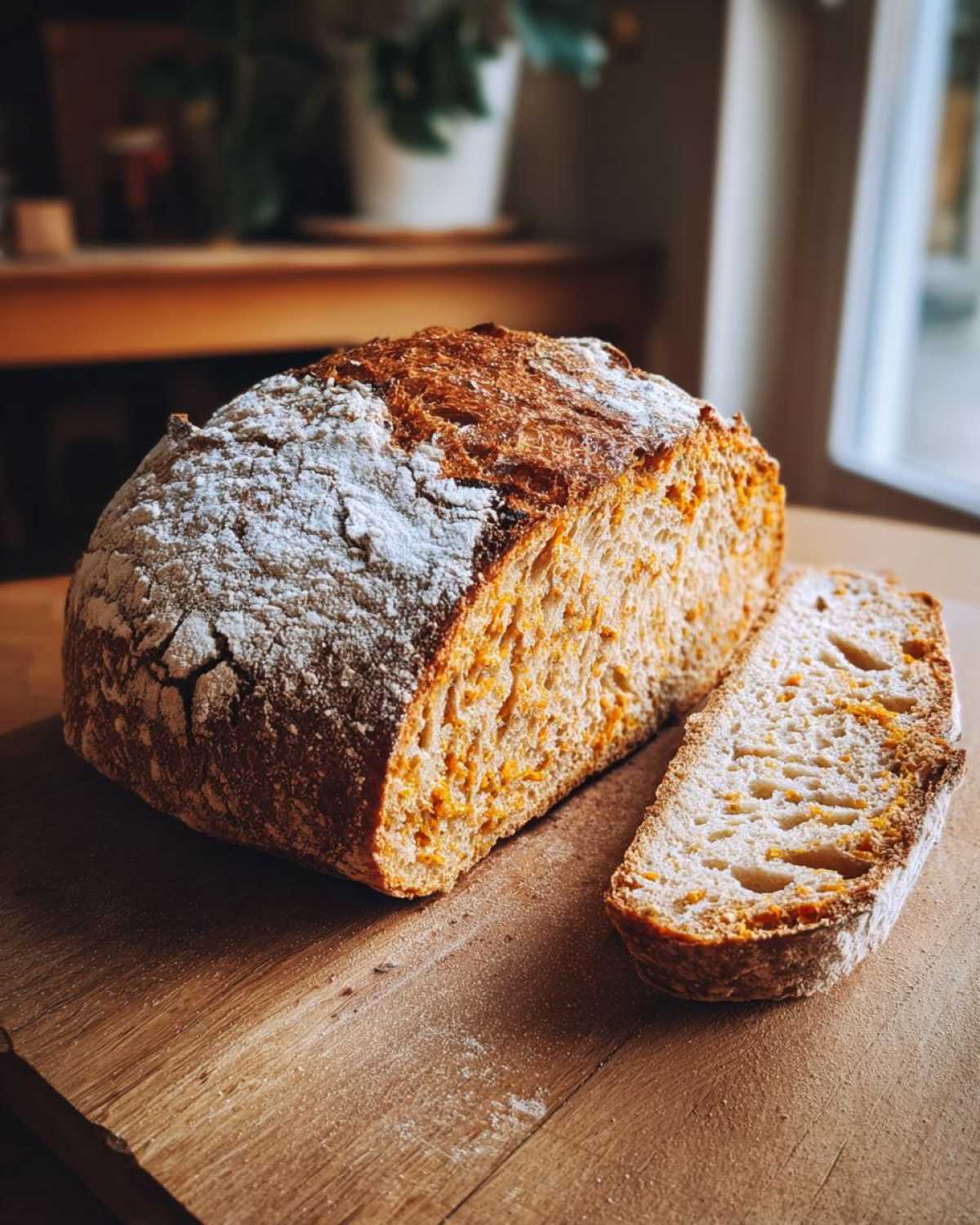 A loaf of pumpkin sourdough bread with a slice cut, showing the texture and color.